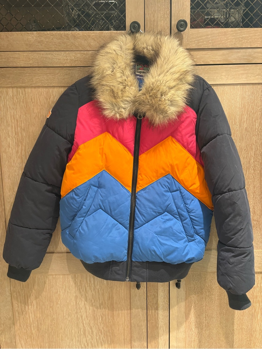 Colorblock Puffer Jacket with Faux Fur Hood - Woman’s Small